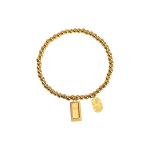 Golden titanium steel beaded bracelet with gold bar pendant and prosperity charm engraving
