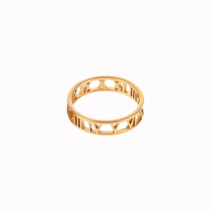 Minimalist gold titanium steel ring featuring hollow Roman numeral design on white background