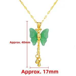 Elegant gold butterfly necklace with green faux jade and hanging tassel pendant