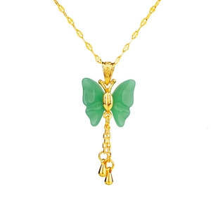 Gold butterfly pendant necklace with imitation jade wings and elegant drop tassels