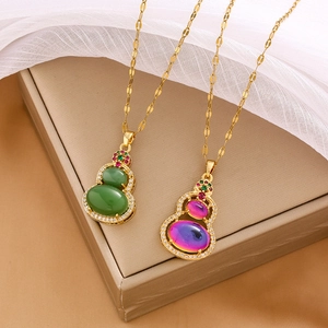 Hulu gourd necklaces with green agate and colorful zircon in elegant gold frames