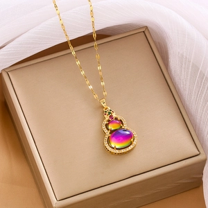 Golden gourd pendant necklace with iridescent zircon and colorful crystal stones