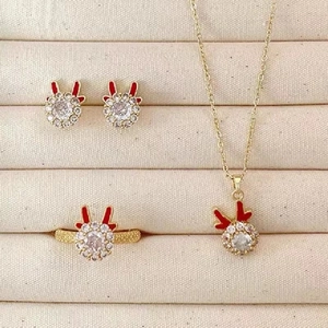 Rotating Rabbit Reindeer Jewelry Set Stainless Steel Cubic Zirconia Necklace Earrings Ring For Women Christmas Party Gift