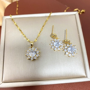 Elegant Titanium Steel Sunflower Rhinestone Necklace And Earrings Jewelry Set Radiant Pave Flower Jewelry For Party Women