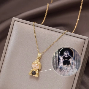 Titanium Steel Buddha Pendant Necklace For Women Gold Heart Sutra Projection Stone Choker Ethnic Style Fashion Jewelry