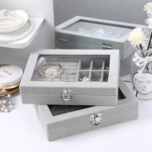 Large capacity gray velvet jewelry box with glass lid and multi-layer storage compartments