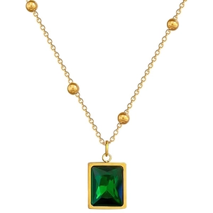 Gouden titanium stalen ketting met rechthoekige smaragd hanger en gouden kralen