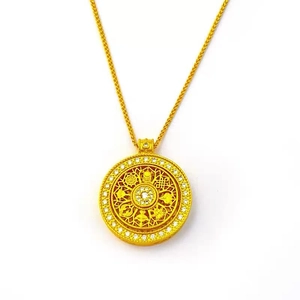 Vintage gold hollow compass pendant necklace with white zircon and Chopin chain