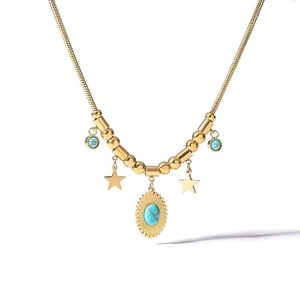 Boho Goldkette mit Schlangen-Gliedern, Türkis-Anhänger und Stern-Applikationen