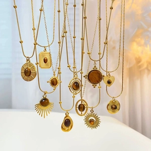 Vintage Gold Plated Titanium Steel Natural Tiger Eye Pendant Necklace For Women Retro Bohemian Geometric Jewelry Accessory
