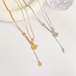 Stainless Steel Heart Star Tassel Necklace For Women Gold Silver Plated Double Layer Y-Shaped Chain Minimalist Jewelry Gift