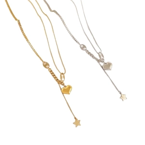Exquisite double-layer star tassel heart pendant necklace in gold and silver finish