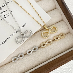 Titanium steel infinity necklace and stud earrings set with sparkling cubic zirconia