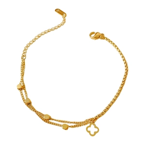 Bracelet double rangée en acier inoxydable doré avec trèfle et breloques rondes