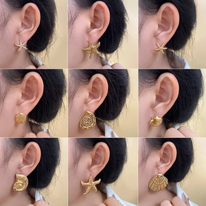 Vintage Gold Plated Copper Ocean Theme Stud Earrings For Women Starfish Conch Shell Rhinestone Elegant Daily Jewelry