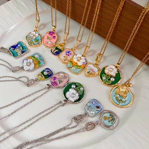 Collana con Pendente a Fiore in Smalto di Lusso in Stile Neo-Cinese Pittura a Olio Acciaio Inossidabile Placcato Oro Argento
