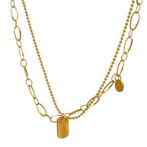 Gold double-layered necklace featuring a rectangular nameplate and round portrait pendant