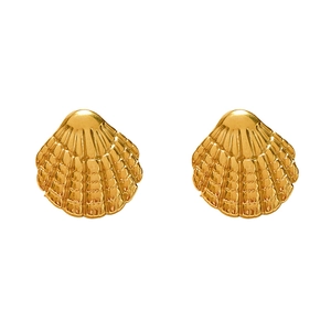 Golden stainless steel seashell stud earrings with vintage style scalloped design
