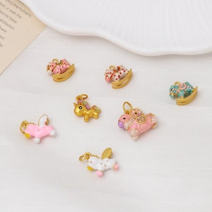 Copper Enamel Rocking Horse Unicorn Pendants DIY Jewelry Accessories Gold Plated Animal Charms For Necklace Bracelet Making