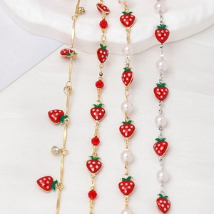 Sweet strawberry and cherry fruit charms on gold and silver chain bracelets with pearls