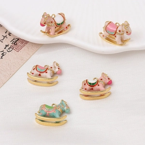 Copper Rocking Horse Pendant DIY Jewelry Accessory Cartoon Enamel Rhinestone Animal Horse Charm For Bracelet Necklace Making