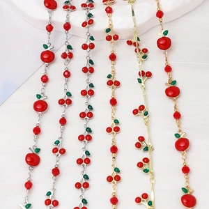 Sweet cherry and apple fruit charm pendants on gold and silver beaded chain jewelry