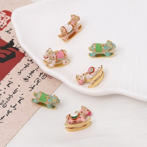 Gold-plated enamel rocking horse charms with zircon accents for DIY jewelry making