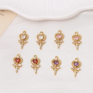 Golden magic wand heart pendants with colorful zircon inlay for DIY jewelry design