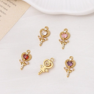 Golden heart wand pendants with colorful crystals for DIY jewelry making fairy charm set