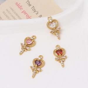 Golden heart wand pendants with zircons in four colors for DIY jewelry making