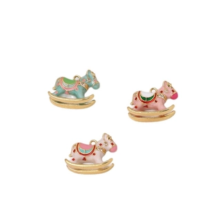 Gold plated enamel rocking horse pendants with zircon accents in pastel green pink and cream