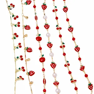 Sweet fruit charm necklaces with red cherry and strawberry drips on gold plated chains