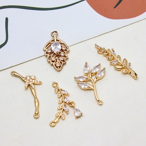 Golden flower and leaf branch charms set with inlaid cubic zirconia for DIY jewelry