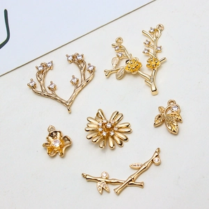 DIY gold floral leaf branch jewelry charms with micro-pave zircons for earring making