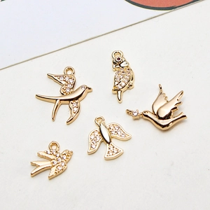 Golden brass bird charms with zircon inlay for DIY jewelry making and earrings