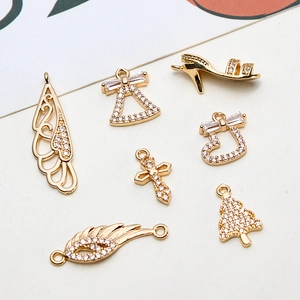 Copper Rhinestone Christmas Pendants For DIY Jewelry Making Gold Plated Cross Boot Feather High Heel Tree Charms Accessories