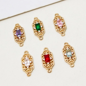 Gold-plated rectangular filigree connectors with colorful zircons for DIY jewelry making