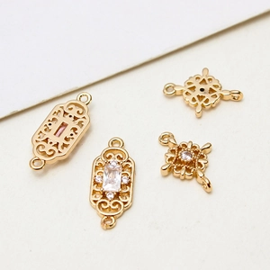 Gold plated zircon geometric charms with hollow rectangular and cross patterns for DIY jewelry