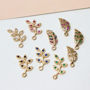 Gold plated leaf and flower charms with colorful zircons for DIY jewelry making