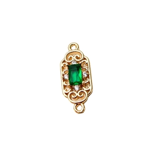 Vintage emerald rectangle pendant with gold plating and zircon accents for jewelry DIY