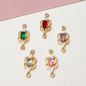 Gold plated DIY connector charms with oval colored zircons for jewelry making