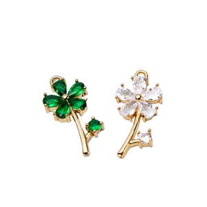 Micro-set zircon flower pendants in gold finish with emerald green and crystal white stones