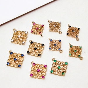 Vintage Copper Gold Plated Hollow Rhombus Pendant Rhinestone Inlaid Jewelry Components For DIY Necklace Earring Making