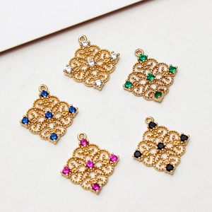 Vintage hollow square charms with colorful gemstones for DIY jewelry in five vibrant colors