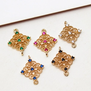 Vintage hollow diamond-shaped gold pendants with colorful gems and double hanging rings