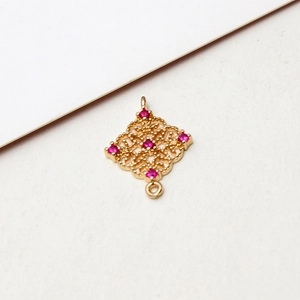 Hollow rhombus gold pendant with pink zircons and double loops for DIY jewelry