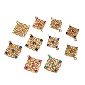 Set of vintage hollow rhombus pendants with colorful rhinestones in gold plated finish
