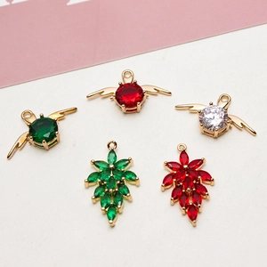 Gold-plated brass pendants with colorful zircon leaves and winged gems for DIY jewelry