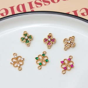 Gold-plated clover connectors with cubic zirconia and double loops for jewelry making