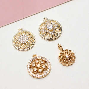 Gold-plated mandala and flower pendants with micro-pave cubic zirconia for DIY jewelry